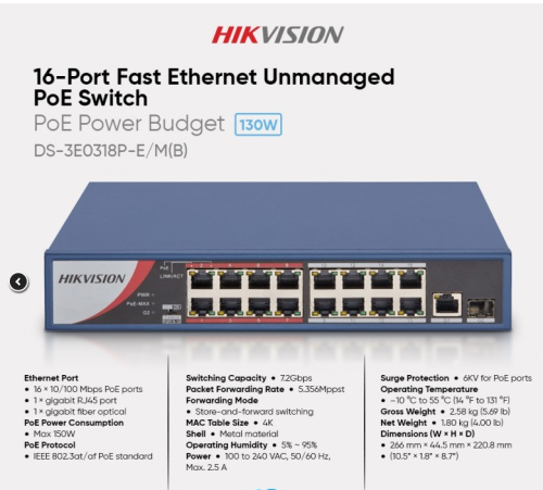 16 Port Fast Ethernet Unmanaged POE Switch DS-3E0318P-E/M(B)