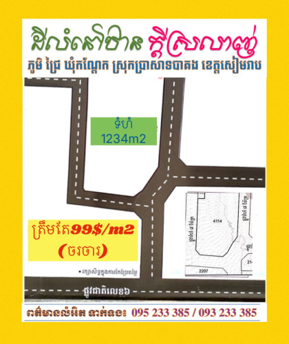 ដីលក់ មានផ្ទះលំហែស្រាប់ 120$/m2