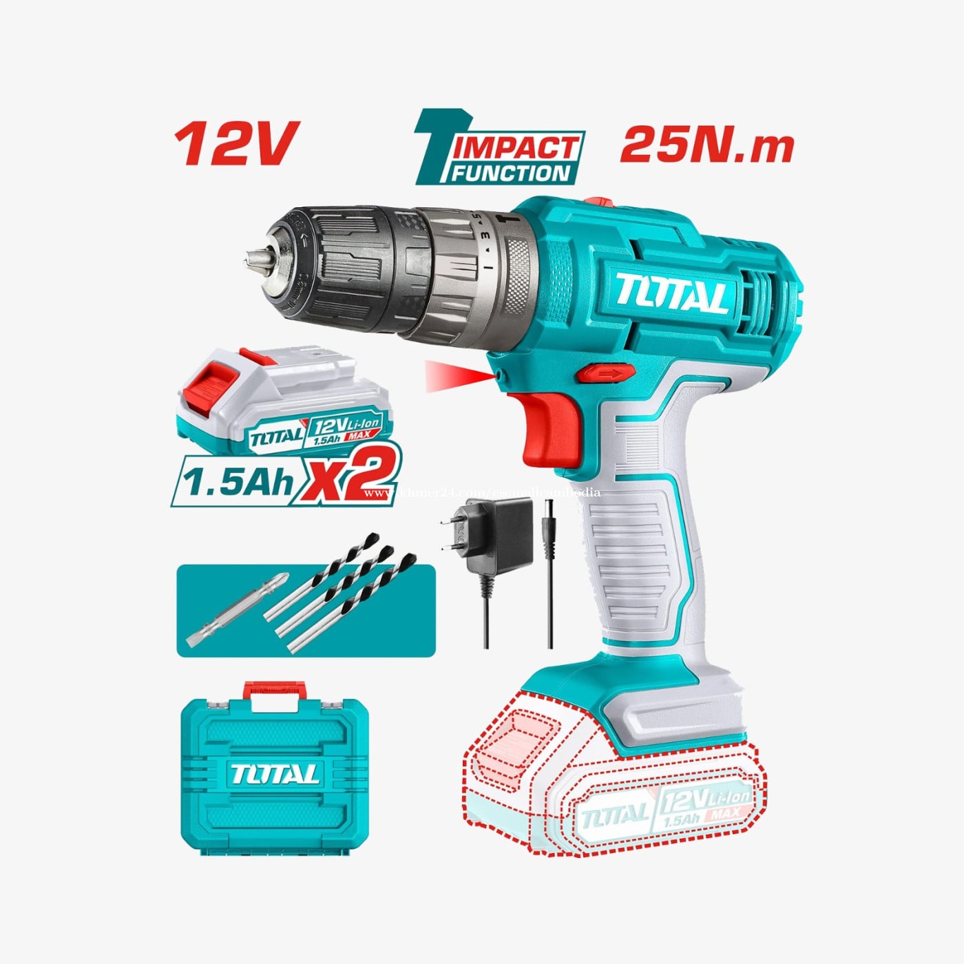 20% OFF✨ TOTAL 12V Li-ion Impact Drill (ម៉ាស៊ីនខួង/វីស ប៉ះ 12V) – ម៉ូដែល (TIDLI1228)