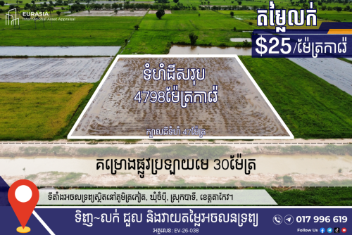 ឱកាសវិនិយោគ៖ ដីសម្រាប់អភិវឌ្ឍន៍ជាប់ផ្លូវប្រឡាយមេ ៣០ម៉ែត្រនៅស្រុកបាទី!