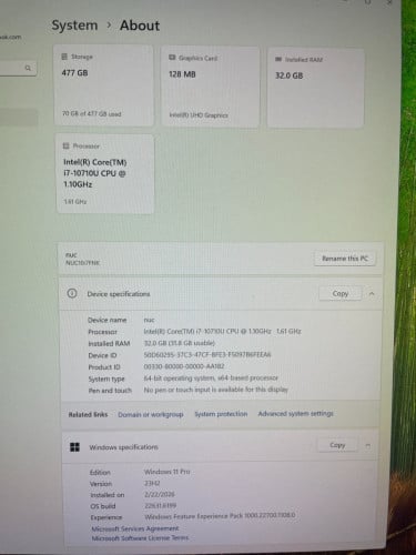 Intel NUC 10th gen i7. 32GB RAM and 512GB NVME SSD