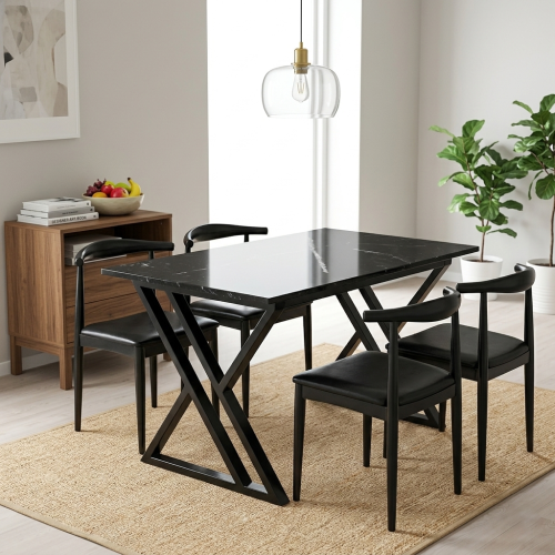តុរបាយថ្មម៉ាប + 6 កៅអីឈើ​ Marble Dining Table + 6 Wooden Chairs