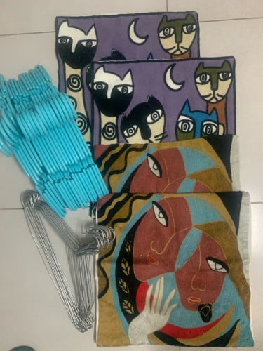 blue and stainless hangers, (4) pillow case and blue basket