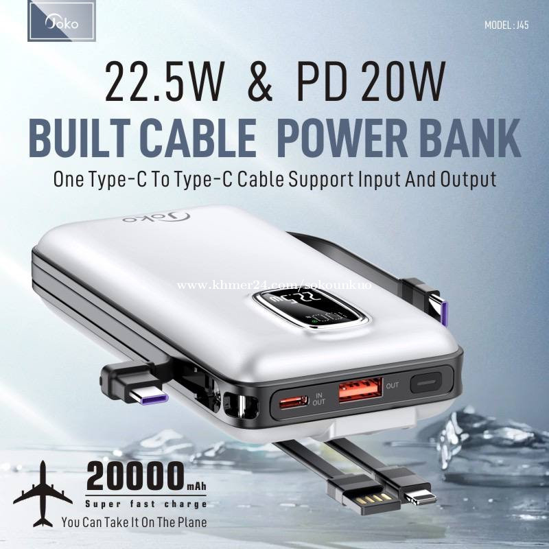 Power bank J45 កម្លាំងថ្ម 20000mAh សាកថ្មលឿន 22.5W សម្រាប់គ្រប់ទូរសព្ទ