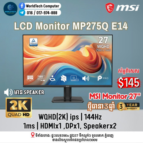 MSI LCD Monitor IPS 27" 144Hz HDMI , DP New Warranty 3Years=117$
