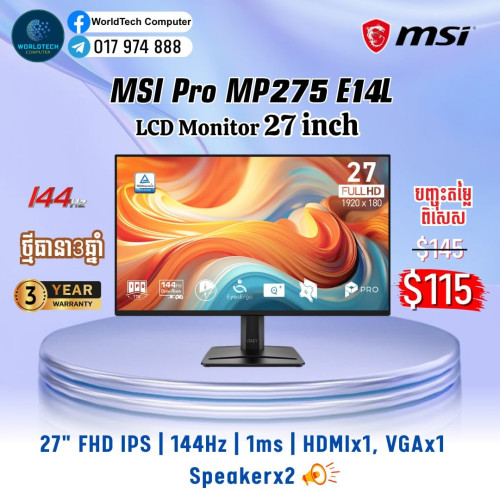 MSI LCD Monitor IPS 27" 144Hz HDMI , DP New Warranty 3Years=117$