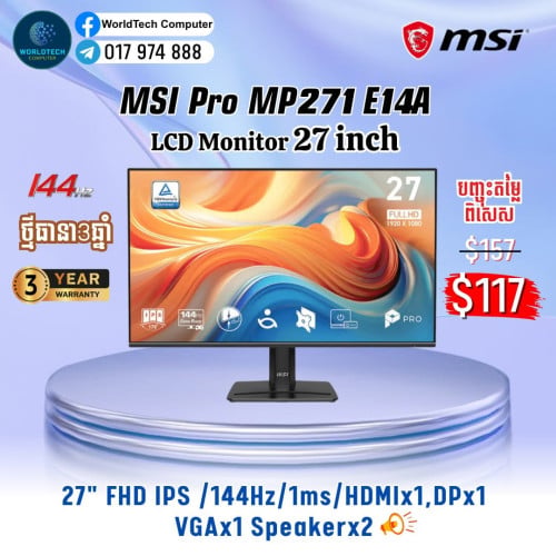 MSI LCD Monitor IPS 27" 144Hz HDMI , DP New Warranty 3Years=117$
