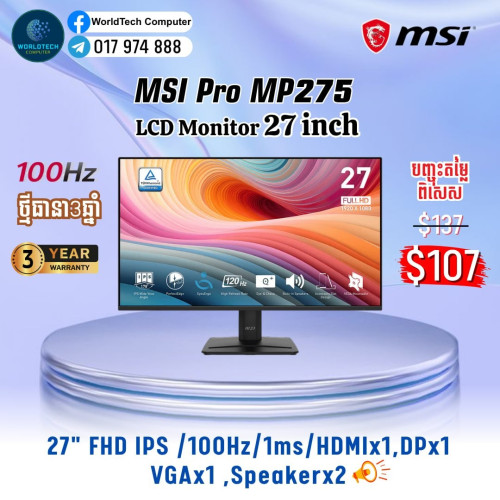MSI LCD Monitor IPS 27" 144Hz HDMI , DP New Warranty 3Years=117$