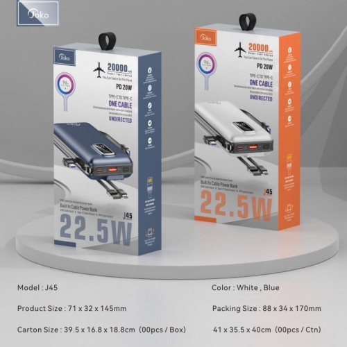 Power bank J45 កម្លាំងថ្ម 20000mAh សាកថ្មលឿន 22.5W សម្រាប់គ្រប់ទូរសព្ទ