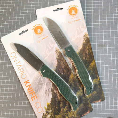 Ontario Camp Plus Folding Santoku Knife 4.25" Satin Blade, OD Green GFN Handle, Lockback - 4305
