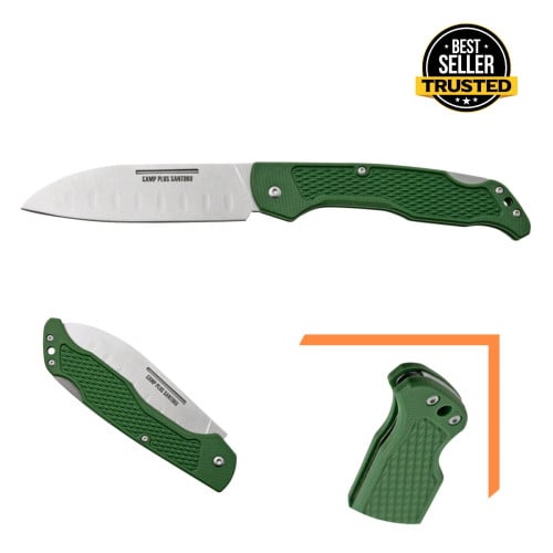 Ontario Camp Plus Folding Santoku Knife 4.25" Satin Blade, OD Green GFN Handle, Lockback - 4305