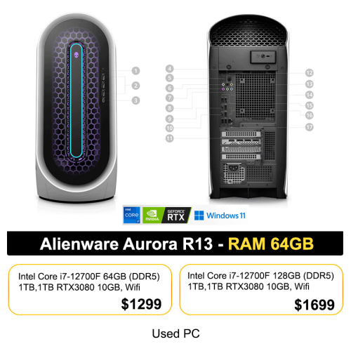 Dell Alineware Aurora R13 - i7-12700F 64GB 1TB M.2 1TB RTX3080 10GB = $1299