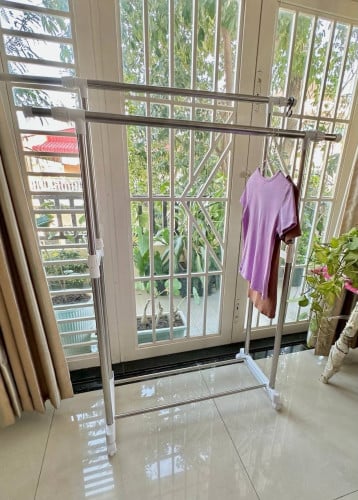 Adjustable Double-Rail Garment Rack on Wheels