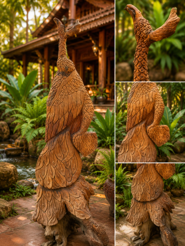 ឈើឆ្លាក់ បក្សីលុយ / Large Carved Wood Good Luck Money Bird