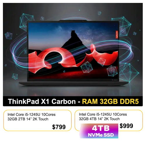 💜 Thinkpad X1 Carbon gen 10 -  i5-1245U 32GB 2TB 14" 2K touch = $799