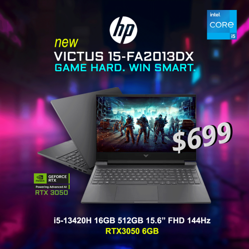 HP Victus 15 gaming $699 Intel Core i5 13420H 16GB 512GB 15.6" FHD 144Hz NVIDIA RTX3050 6GB