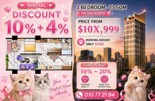 🎀✨ Special Promotion in BKK1 ✨🎀💎 Discount 10% + 4%🏙 1 Bedroom | 75 sqm | Facing North