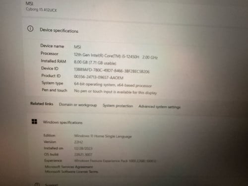 Sell MSI Cyborg 15 A12U Core i5 12th Generation