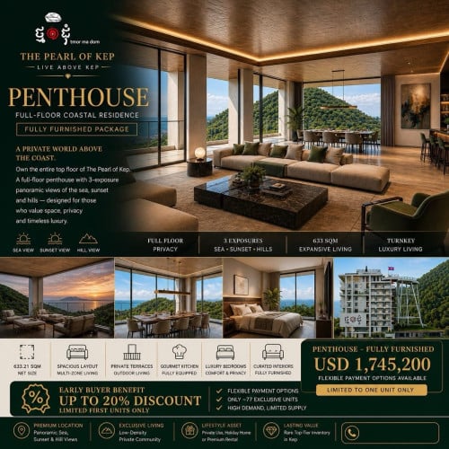 A rare opportunity to own the entire top floor Kep — a private coastal penthouse designed for space.