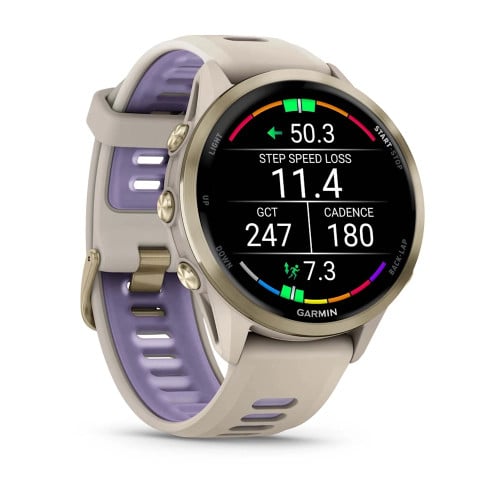 Forerunner® 970Soft Gold Titanium with French Gray Case and French Gray/Translucent Indigo Band