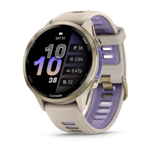 Forerunner® 970Soft Gold Titanium with French Gray Case and French Gray/Translucent Indigo Band