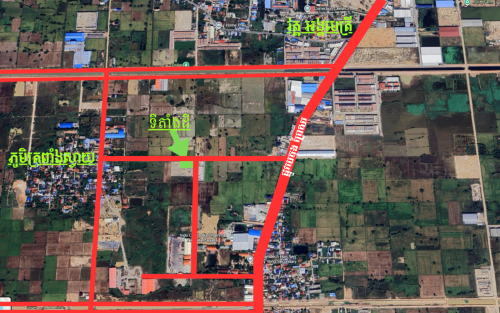 ដីកែង​ ប័ណ្ណរឹង កាត់ចំណីផ្លូវហើយ ទំហំ ក្បាលដី 48.38ម x 20.42ម កែងជាមួយផ្លូវរដ្ឋ 16ម៉ែត្រសងខាង