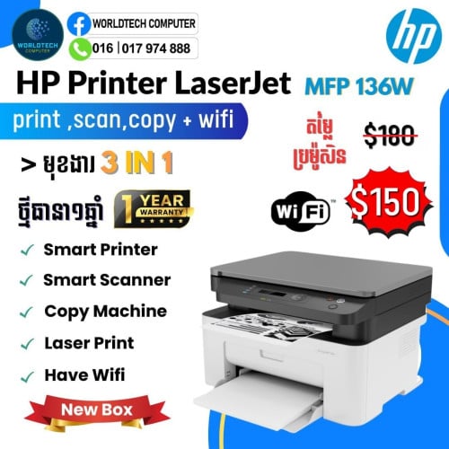 HP laser Print , Scan Copy 136W ( Wifi )​ New=150$
