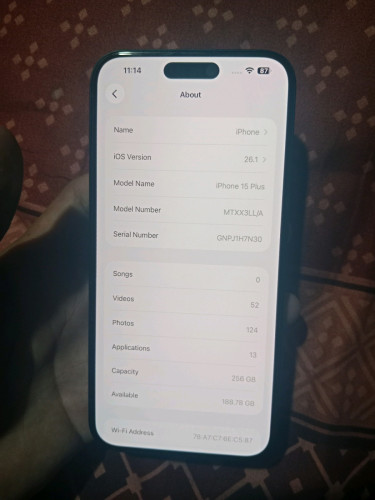 Iphone15plus 256G Locked Sim កែជេីងសុីម Code LLA 99% battery 100%