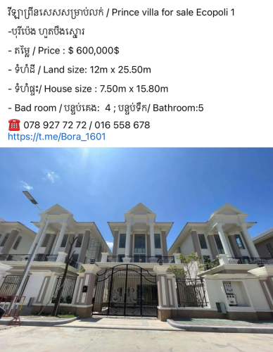 #វីឡាចាស្មីនណា #វីឡាព្រីន #វីឡាព្រីនសេស #វីឡាឃ្វីន #វីឡាភ្លោះ សម្រាប់លក់ គំរោង Ecopoli 1 , 2