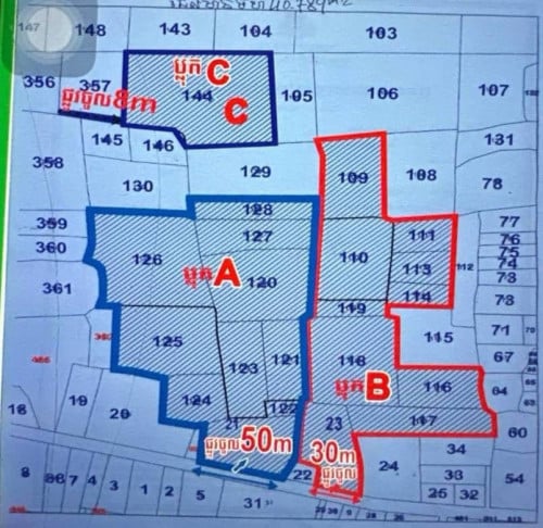 ដីលក់ 51,463m² ប្លង់រឹង បំបែក 3 ដី ស្រុកអង្គស្នួល ជិតផ្លូវ 42