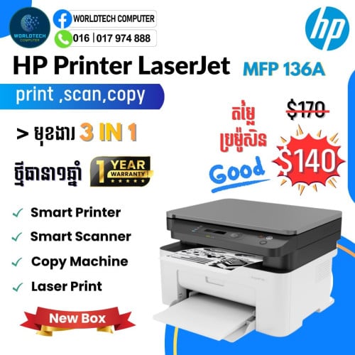 Laser Printer 136W , Print , Scan , Copy (Wifi) New=150$
