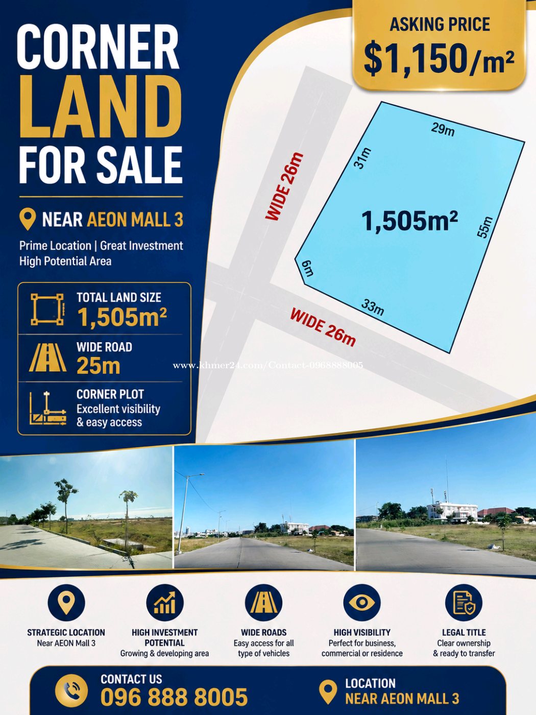 CORNER LAND FOR SALE – PRIME LOCATION _ near AEON 3