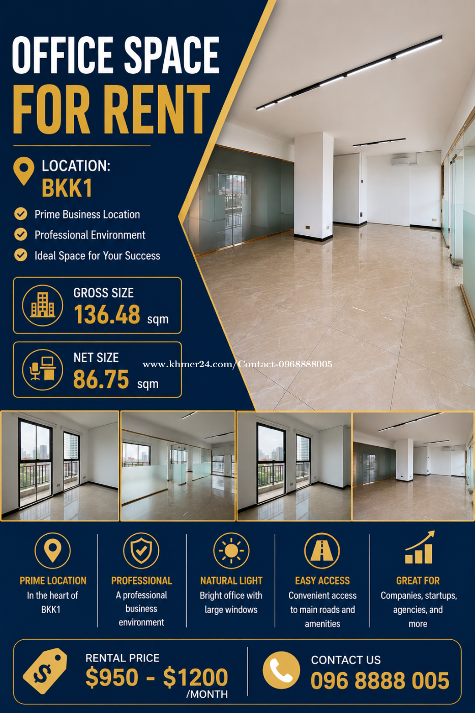 Location: BKK1, Phnom Penh Modern office space in prime business area