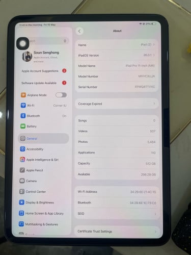 Ipad pro 11inch M4 ទួល95% memory 512GB លក់ប្រញាប់ មកមុនបានមុនណា