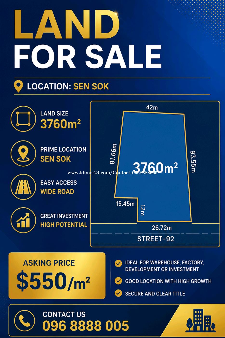 Land for Sale _ Sen Sok_ 3760m2_$550/m2