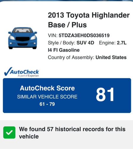 2013 Highlander 4 Cylinders 2.7L