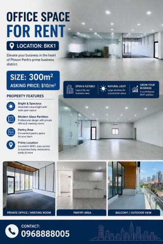 MODERN OFFICE SPACE FOR RENT – BKK1-300m2-$10/m2