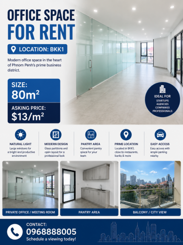Office Space for rent in BKK1 _80m2_ $13/m2
