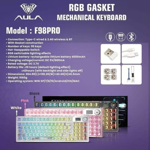 Keyboard Wireless Gaming Brand Aula F98 Pro មាន3ពណ៌ មានការធានា1ឆ្នាំពេញ អីវ៉ាន់មាននៅក្នុងស្តុក 📩