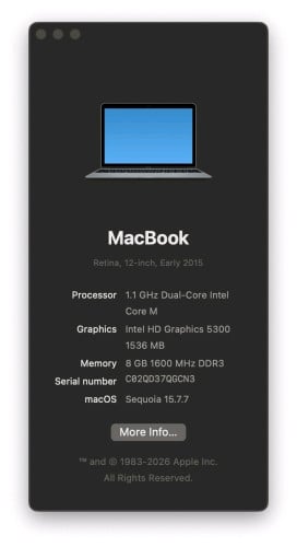 Laptop macbook 2015 Screen 12" RAM 8 SSD : 256gb battery good,  no adaptor Tel: 087845586