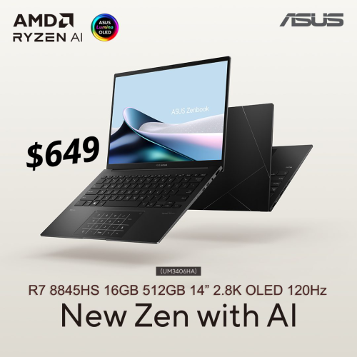 ASUS Zenbook 14 OLED UM3406HA | 14 3.8K OLED 120Hz , R7 16GB 512GB = $649