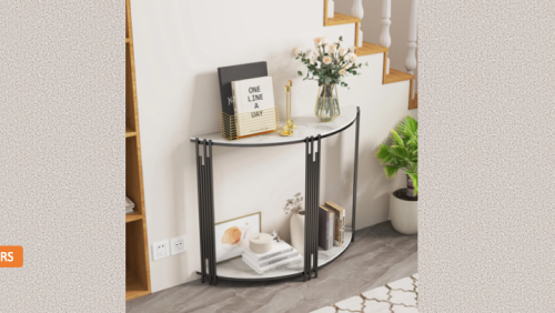 "PARIS DESIGN STUDIO" Marble Half Moon Console Table with Shelf Metal Frame
