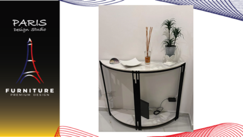 "PARIS DESIGN STUDIO" Marble Half Moon Console Table with Shelf Metal Frame