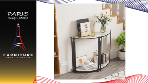 "PARIS DESIGN STUDIO" Marble Half Moon Console Table with Shelf Metal Frame