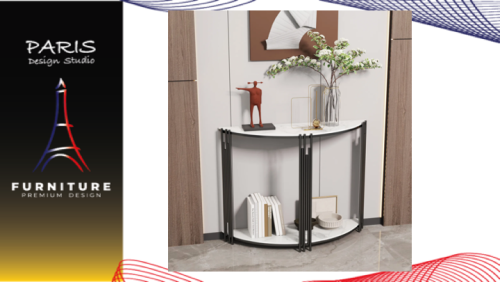 "PARIS DESIGN STUDIO" Marble Half Moon Console Table with Shelf Metal Frame