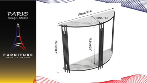 "PARIS DESIGN STUDIO" Marble Half Moon Console Table with Shelf Metal Frame