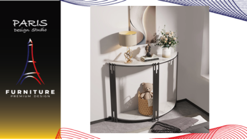 "PARIS DESIGN STUDIO" Marble Half Moon Console Table with Shelf Metal Frame