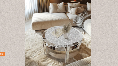 "PARIS DESIGN STUDIO" Sofa Table Round Silver Mirror Coffee Table with Crystal Diamonds