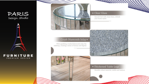 "PARIS DESIGN STUDIO" Sofa Table Round Silver Mirror Coffee Table with Crystal Diamonds