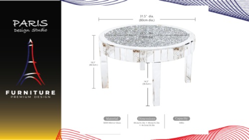 "PARIS DESIGN STUDIO" Sofa Table Round Silver Mirror Coffee Table with Crystal Diamonds